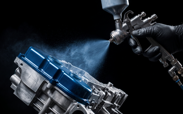 Professionelle industrielle Nasslackierung eines Metallbauteils mit einer Sprühpistole für passgenaue Farblösungen.