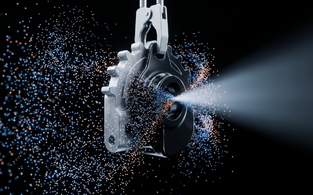 : Elektrostatische Pulverbeschichtung auf einem Metallbauteil für kratzfeste und robuste Oberflächen.