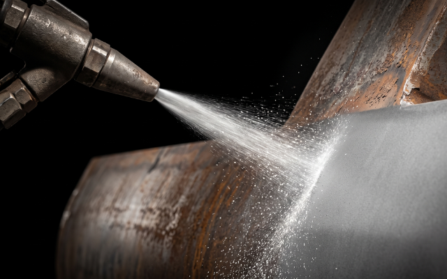 Professionelles Sandstrahlen und Oberflächenvorbereitung an einem Metallprofil für eine makellose Basis.