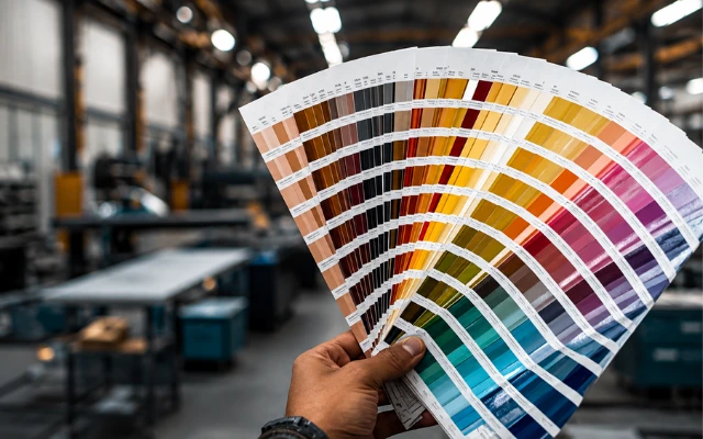 Professionelle B2B-Beratung für Farblösungen: Partnerschaftlicher Handschlag am Arbeitstisch mit RAL-Farbkarten und Bauplänen.